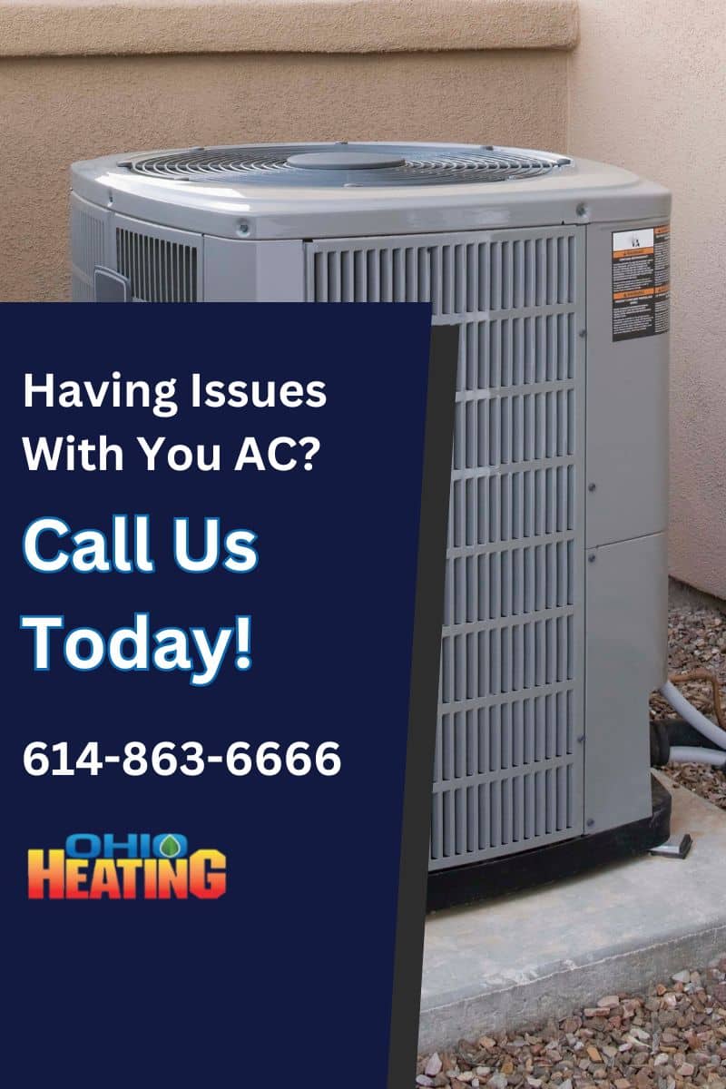 Picture of an AC with a call to action to call Ohio Heating if your AC is broken or needs repaired