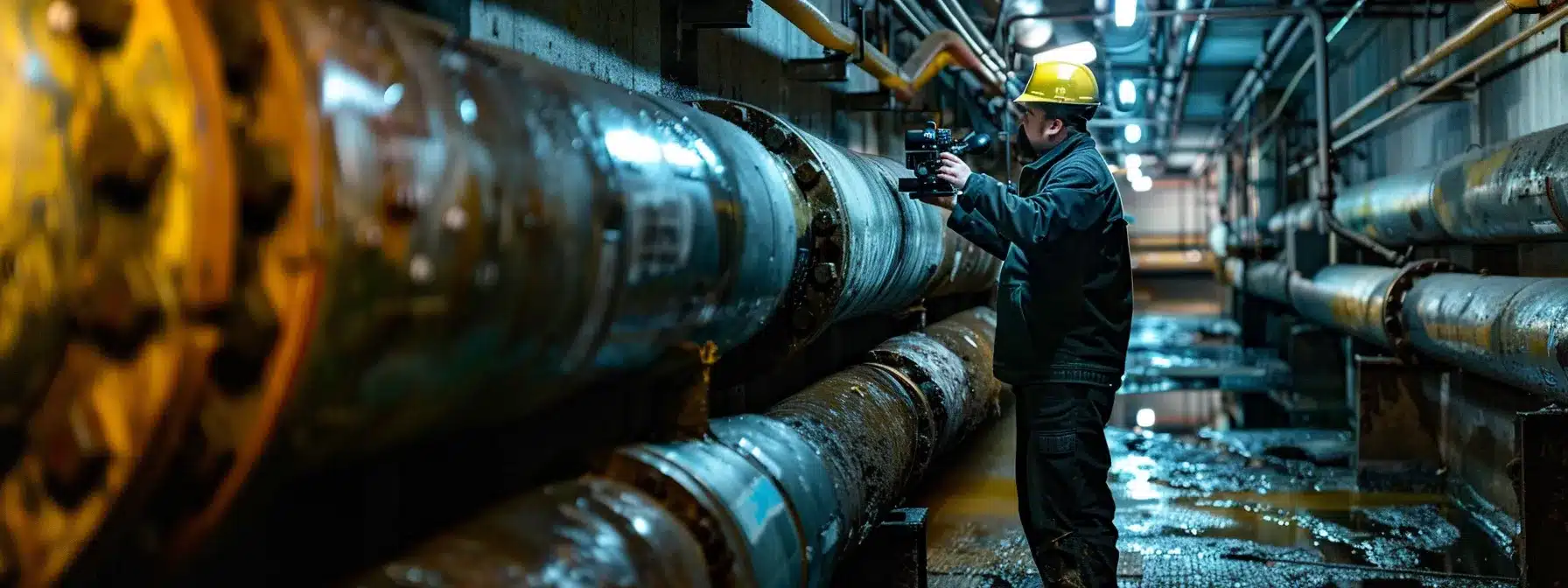 a professional plumbing inspector, equipped with a sewer camera, examines a section of corroded pipes within a modern commercial plumbing facility, illuminated by overhead led lights that highlight the urgency of identifying potential leaks and blockages.