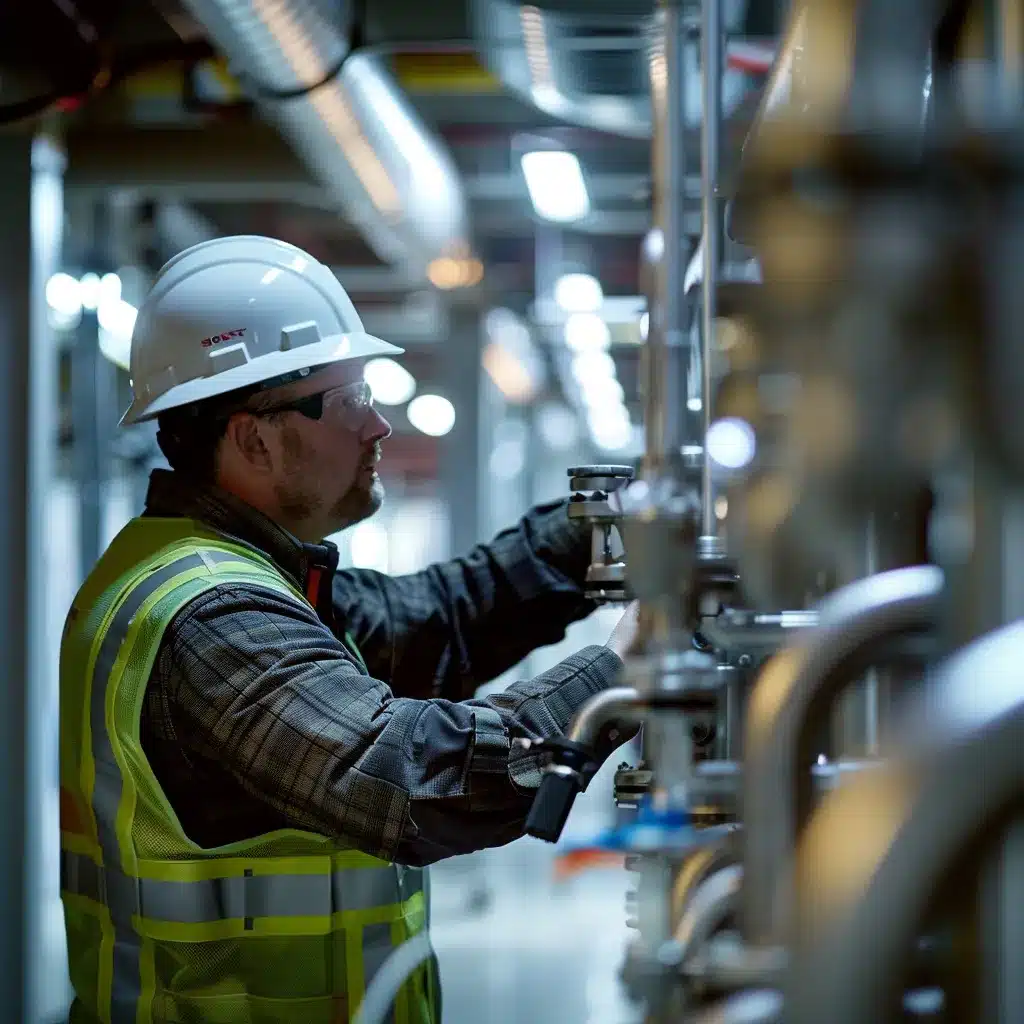 a sharp and detailed view of a commercial plumbing technician conducting a routine inspection in a modern office building's plumbing utilities room, with pipes and fixtures prominently displayed under bright, artificial lighting, emphasizing the importance of regular maintenance.