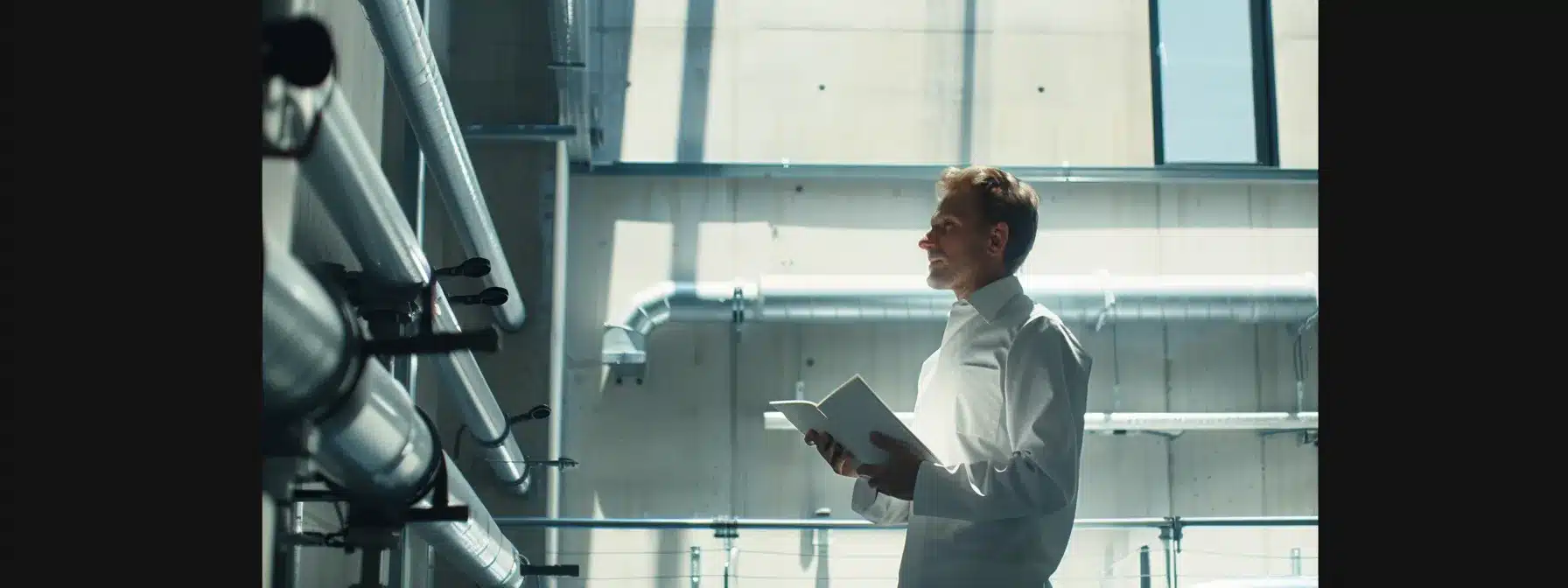 a sleek, modern office space features a professional plumbing technician examining a sophisticated piping system, highlighting the importance of proactive plumbing evaluations to prevent costly repairs and ensure compliance with health regulations.